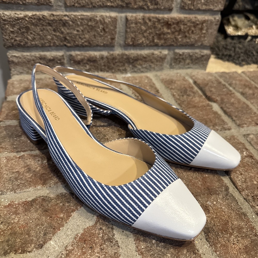 Veronica Beard Cecile Leather Canvas Woman Sz 8.5 Blue Stripe Slingback #213